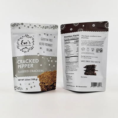 Προσαρμοσμένα Τυπωμένα 100g 250g 500g Stand Up Pouch Λινόσπορο Κράκερ Αντίοσφαιρικό Ζιπάρισμα Τυποποιημένες σακούλες τροφίμων