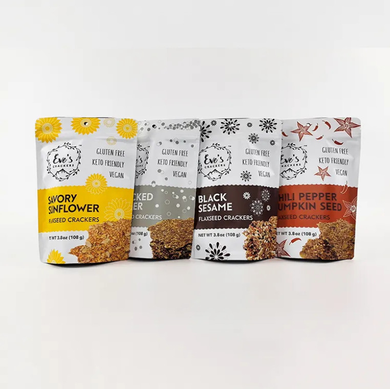 Προσαρμοσμένα Τυπωμένα 100g 250g 500g Stand Up Pouch Λινόσπορο Κράκερ Αντίοσφαιρικό Ζιπάρισμα Τυποποιημένες σακούλες τροφίμων